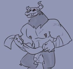anthro balls bara flaccid horns loincloth male male_only minotaur minotaur_(the_legend_of_pipi) monochrome muscles muscular penis skull_head solo solo_male tagme_(artist) the_legend_of_pipi