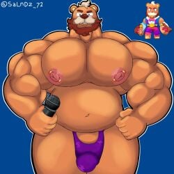 bara biceps big_breasts brawl_stars breasts bulge chubby cocokun! facial_hair furry holding_object male male_only microphone nipple_piercing pecs sam_(brawl_stars)