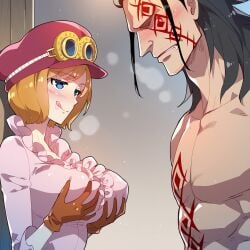 absurd_res absurdres ai_generated black_thighhighs blonde_hair blue_eyes blush clothing color darklust female hat hi_res high_resolution highres human koala_(one_piece) large_breasts male monkey_d_dragon motion_blur motion_lines novelai one_piece self_upload speed_lines stockings sweat tagme thighhighs uncensored