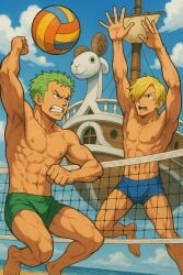 2boys ai_generated beach blonde_hair green_hair guy male male_only one_piece roronoa_zoro sanji vinsmoke_sanji volleyball