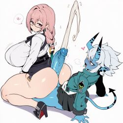 1futa 1girls ai_generated ass assjob big_ass big_breasts big_butt big_penis blue_skin breasts brown_eyes buttjob cum cum_from_ass futanari glasses high_heels horns hot_dogging looking_back looking_back_at_another looking_back_at_partner mochipawg penis pink_eyes pink_hair pointy_ears skirt smile soukaku soukaku_(zenless_zone_zero) tail text_bubble thick_thighs tsukishiro_yanagi visible_breath white_background zenless_zone_zero