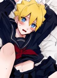 1boy androgynous arms_up bare_legs bed bed_sheet bedding blonde_hair blue_eyes blush boruto boruto:_naruto_next_generations clothed clothing crop_top crossdressing cute facial_markings femboy feminine_male frilled_skirt girly hi_res high_resolution highres imminent_rape imminent_sex jewelry legs_up light-skinned_male light_skin looking_at_viewer miniskirt naruto naruto_(series) necklace on_back on_bed open_mouth pale-skinned_male pale_skin pov pov_eye_contact school_girl school_uniform schoolboy schoolgirl schoolgirl_uniform shonen_jump short_skirt shounen_jump shueisha sisimaro_1 sissy skirt solo solo_focus solo_male spiky_hair sweat sweatdrop sweating teen teen_boy teenager tomgirl trap twink uzumaki_boruto very_high_resolution weekly_shonen_jump weekly_shounen_jump whisker_markings whiskers yellow_hair
