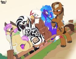absurd_res avian equid equine female fence glasses group gryphon hasbro hi_res horse male male/female mammal my_little_pony mythological_avian mythological_creature mythology pony sunrise_hooves zebra