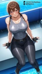 ai_generated bare_shoulders belt black_gloves black_pants blush boots breasts brown_belt brown_eyes brown_footwear brown_hair cleavage closed_mouth collarbone covered_navel female fingerless_gloves gloves grey_shirt grey_tank_top lara_croft lara_croft_(classic) large_breasts long_hair looking_at_viewer mykibuu pants ponytail pool poolside shirt shoulder_holster sitting solo tank_top thighs tomb_raider trembling water wet wet_clothes wet_shirt