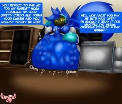 4_fingers angry animal_humanoid annoyed anthro anthro_pred belly belly_on_table big_belly big_breasts blue_body blue_fur blue_hair breasts canid canine cash_register claws clothed clothing cybernetics cyborg digestion digestion_noises fatal_vore female female_pred fingers fully_inside fur hair hand_on_belly hi_res huge_belly humanoid long_tail machine maid_uniform male male_prey mammal mammal_humanoid onomatopoeia protogen protogen_visor same_size_vore sokoyo_owo sound_effects speech_bubble starry_(sokoyo_owo) stomach_bulge struggling struggling_prey tail text uniform vore yellow_eyes
