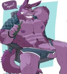 2025 akidracokun anthro bara beard cum_through_clothing cum_through_underwear desk_chair foreskin furry hairy kangaroo male muscular muscular_male nipples penis purple_body purple_fur simple_background sitting two_tone_body two_tone_fur uncircumcised uncut underwear