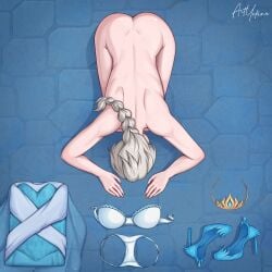 1girls artyukina ass back bra braid clothes_removed crown dogeza elsa_(frozen) female from_above light-skinned_female light_skin pale-skinned_female pale_skin panties panties_aside shoes_removed submissive submissive_female underwear white_hair