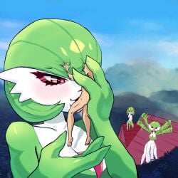 blowjob blush fellatio female gardevoir giant_breasts giantess giantess_fellatio kirlia larger_female male nintendo nude oral_sex oversized_fellatio pokemon pokemon_(species) restrained seductive smaller_male stupidsexysensei thick_lips