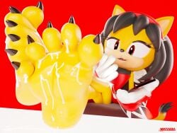 2025 3d 4:3 5_toes anthro black_toe_claws bodily_fluids claws crossed_legs cum cum_on_feet digital_media_(artwork) domestic_cat fangs feet felid feline felis foot_focus foot_on_table fur furniture genital_fluids hi_res honey_the_cat humanoid_feet mammal nouvaera plantigrade sega sitting soles sonic_(series) sonic_the_fighters sonic_the_hedgehog_(series) table teeth toe_claws toes yellow_body yellow_fur