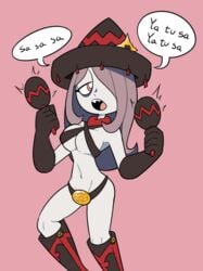 1girls breasts female filipino filipino_female hair_over_one_eye half-closed_eye little_witch_academia long_gloves long_hair maracas miscon open_mouth pale_skin red_eyes sharp_teeth singing sombrero sucy_manbavaran text