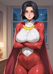 ai_generated ass bedroom black_hair clothed clothed_female curly_hair curvaceous curvy curvy_female curvy_figure eteeming female female_only genderswap_(mtf) grey_background invincible invincible_(superhero) mark_grayson motion_lines omni-mark_(invincible) red_eyes rule_63 rule_63 simple_background solo stern_expression sweat thicc thick_legs thick_thighs
