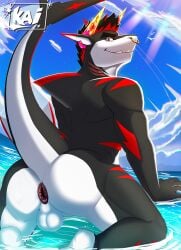 animal_humanoid anthro anus ass back beach bottomless bottomless_male clothed clothing fish fish_humanoid hi_res horn horn_jewelry humanoid jewelry kai_shark looking_at_viewer looking_back male male/male marine marine_humanoid nude rear_view shark shark_fin shark_humanoid shark_tail solo spread_anus spreading summer tail