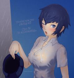 1girls 2d bangs blue_eyes blue_hair blush breasts cleavage clothed collarbone collared_shirt digital_media female female_only large_breasts looking_at_viewer naoto_shirogane open_mouth persona persona_4 rain raining see-through shirogane_naoto shirt short_hair solo stradivarius text tomboy upper_body very_short_hair wet wet_clothes wet_clothing wet_shirt white_shirt
