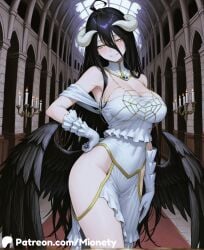 ahoge ai_generated albedo_(overlord) artist_name bare_shoulders black_feathers black_hair black_wings blush breasts candle candlelight candlestand cleavage closed_mouth covered_navel cowboy_shot demon_girl demon_horns detached_collar dress feathered_wings feathers female frilled_gloves frills gloves hair_between_eyes halo hand_on_own_hip hip_vent horns indoors large_breasts large_wings long_hair looking_at_viewer low_horns low_wings mionety no_panties off_shoulder one_eye_closed overlord_(maruyama) patreon_username side_slit slit_pupils smile solo standing thick_thighs thighs very_long_hair white_dress white_gloves white_horns wings yellow_eyes