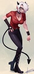 demon demon_girl demon_horns demon_tail eltonel fully_clothed glasses helltaker red_eyes tagme white_hair zdrada_(helltaker)