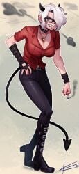 demon demon_girl demon_horns demon_tail eltonel fully_clothed glasses helltaker red_eyes tagme white_hair zdrada_(helltaker)