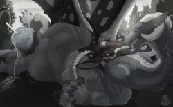 absurd_res arms_tied blush bodily_fluids bound cum dominant_prey dragon duo felkin feral flare_(disambiguation) forced forest genital_fluids genitals haloren hi_res horn illia large_prey male mythological_creature mythological_scalie mythology nolow penis plant rope scalie stomach_bulge tree wings