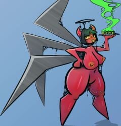 belly_button big_breasts big_thighs black_fluid black_hair black_halo blue_background cyan_background demon_girl green_light green_smoke green_steam halo horns huge_breasts metal_blades oiled_skin oily_skin pointy_nipples red_body short_hair spider_legs thick_thighs turquoise_background waiter webs yellow_eyes yellow_nipples yellow_tongue