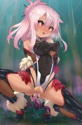 absurdres aphrodisiac bangs bare_shoulders black_footwear black_gloves black_leotard blush boots breasts censored chloe_von_einzbern cosplay covered_navel elbow_gloves fate/kaleid_liner_prisma_illya fate_(series) female fur_trim gloves hair_between_eyes hair_bun haizuru highleg highleg_leotard highres leotard long_hair mizuki_yukikaze mizuki_yukikaze_(cosplay) orange_eyes pink_hair sidelocks single_hair_bun small_breasts solo spread_legs taimanin_(series) taimanin_suit taimanin_yukikaze tentacle tentacle_sex thigh_boots thighhighs vaginal_penetration