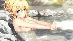 artwhirl_mahou_gakuen_no_otome-tachi blonde_hair blue_eyes breasts completely_nude_female covering_breasts elf_female game_cg looking_at_viewer medium_breasts tied_hair water