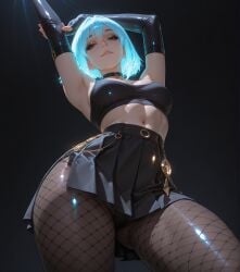 ai_dumpster ai_generated armpits arms_up bangs black_background black_choker black_gloves black_skirt blue_hair breasts choker closed_mouth elbow_gloves female fingerless_gloves fishnet_pantyhose fishnets from_below gloves looking_at_viewer midriff navel original_character pantyhose pleated_skirt short_hair simple_background skirt smile solo underwear