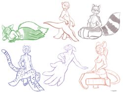 absurd_res breasts canine cheetah feline female fish group hand_taur hi_res male mammal marine monochrome mouse mustelid nude otter penis penis_backwards pmoss procyonid raccoon rodent shark simple_background sketch white_background