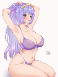 1girls 2025 blush bra female female_only green_eyes hands_behind_head hi_res hypnogia indie_virtual_youtuber lis_venger long_hair looking_at_viewer necklace panties ponytail purple_hair sitting smiling smiling_at_viewer solo voice_actress