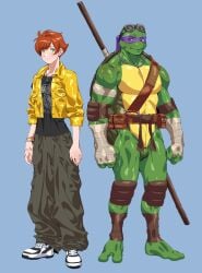 animal_genitalia anthro april_o'neil biceps cloaca clothed clothing donatello_(tmnt) dreadfulalibi duo genitals hi_res human male mammal muscular muscular_anthro muscular_male partially_clothed reptile rule_63 scalie teenage_mutant_ninja_turtles turtle