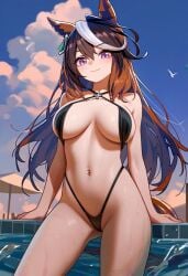 ai_generated animal_ears bikini breasts female horse_girl long_hair multicolored_hair purple_eyes sling_bikini symboli_rudolf_(umamusume) umamusume umamusume_pretty_derby