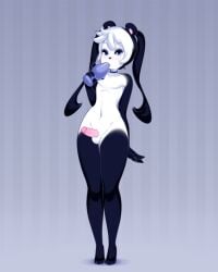 abstrack_background anthro balls bear black_body black_fur black_hair blue_eyes buttplug buttplug_in_mouth choker cute_femboy erection femboy fur genitals giant_panda gloves_(marking) hair hi_res humanoid_genitalia humanoid_penis jewelry leg_markings male mammal markings miu navel necklace nude oral oral_penetration penetration penis plug_(sex_toy) quinn_(miu) seductive sex_toy sex_toy_in_mouth sex_toy_insertion small_waist socks_(marking) solo standing twintails white_body white_fur white_hair