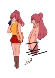 bar_censor before_and_after censored futanari huge_cock hyper_penis intersex kareya mosaic_censoring penis penis_neck penis_transformation red_hair simple_background transformation unusual_genitalia_placement unusual_penis_placement what