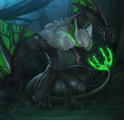 3_toes absurd_res astalos balls big_balls big_penis black_body black_claws black_tail bodily_fluids capcom claws crouching dipstick_tail dripping erection feet feral flying_wyvern forest forest_background fur genital_fluids genitals glowing glowing_eyes glowing_tail green_tail_tip grey_balls grey_body grey_fur grey_penis hi_res huge_filesize hybrid katazai looking_at_viewer male markings monster_hunter muscular muscular_male nargacuga nature nature_background night nude penis plant precum precum_drip saliva saliva_on_tongue sir_kitt solo tail tail_markings toes tongue tongue_out tree winged_arms wings yellow_sclera