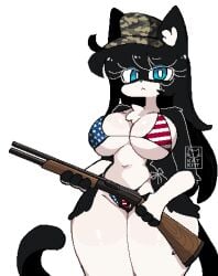 1girls 2025 american_flag_bikini anthro bikini blue_eyes breasts cat_ears cat_tail catgirl cleavage digital_media_(artwork) felid feline female female_focus female_only fur furry furry_female gun hat kat_kitt kiara_(kat_kitt) pixel_art tail tuxedo_cat