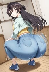 1girls ai_generated ass ass_focus ass_shake big_ass black_shoes blue_pants casual coat dat_ass female jeans long_hair long_sleeves looking_at_viewer looking_back pants purple_eyes shaking_ass shirt shoes smile squatting suou_yuki thick_ass thick_thighs throwing_it_back tokidoki_bosotto_russian_de_dereru_tonari_no_alya-san twerk twerking wide_hips yellow_shirt