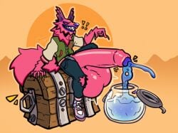 andy_fangerson anthro balls bared_teeth big_balls big_penis blue_cum bodily_fluids bodily_fluids_drip bottomwear clothed clothing colored_cum cum epic_games excessive_cum excessive_genital_fluids foreskin fortnite fortnite:_battle_royale fur genital_fluids genitals grin hi_res huge_balls huge_cock hyper hyper_balls hyper_genitalia hyper_penis jacket letterman_jacket male nails open_bottomwear open_clothing open_pants pants penis pinata pink_body pink_fur shield_potion sitting smile sokafuzz solo throbbing throbbing_balls topwear treasure_chest uncircumcised unusual_bodily_fluids unusual_cum unusual_genital_fluids
