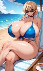 ai_generated big_breasts bikini blonde_hair blue_bikini blue_eyes braid braided_hair breasts breasts_bigger_than_head bursting_breasts darjeeling french_braid gigantic_ass gigantic_breasts gigantic_butt gigantic_thighs girls_und_panzer huge_breasts hyper hyper_breasts large_breasts looking_over_eyewear looking_over_sunglasses sea seaside sunglasses tea_cup thick_thighs tinted_eyewear wide_hips