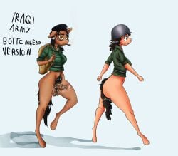 absurd_res anthro backpack balls bodily_fluids bottomless clothed clothing duo equid equine female futanari genitals gynomorph hi_res horse humanoid_genitalia humanoid_penis intersex iraq iraq_war iraqi_army juninhooficial mammal marching military military_uniform musky_balls musky_penis penis pony smegma soldier sweat uniform warrior