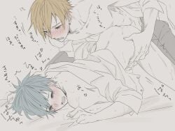 2boys anal bite_mark bite_mark_on_shoulder blonde_hair blue_hair blush bottomless crying crying_with_eyes_open cum cum_on_ass cum_on_body drooling grey_pants hand_on_another's_hip handjob highres kise_ryouta kuroko_no_basuke kuroko_tetsuya looking_at_another male male_focus male_penetrated motion_lines multiple_boys mzpudding open_mouth pants prone_bone reach-around saliva sex sheet_grab shirt shirt_partially_removed short_hair sleeve_cuffs tears translation_request trembling white_shirt yaoi yellow_eyes