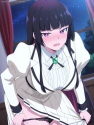 1girls ai_generated black_hair black_panties blunt_bangs blush breasts female indoors jacket juliet_sleeves large_breasts leaning_forward long_hair long_sleeves looking_at_viewer night night_sky open_mouth otoha_kurogane panties panty_pull pleated_skirt puffy_sleeves pulled_by_self purple_eyes purple_hair rock_is_a_lady's_modesty rock_wa_lady_no_tashinami_deshite school_uniform shirt skirt sky solo star_\(sky\) starry_sky underwear white_shirt white_skirt window