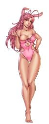 animal_ears antenna_hair bare_shoulders barefoot breasts bunny_(hentai_heroes) cameltoe cg cleavage female full_body hand_on_own_hip harem_heroes hentai_heroes kinkoid large_breasts long_hair nipples nutaku official_art one_piece_swimsuit parted_lips pink_hair pink_one_piece_swimsuit rabbit_ears simple_background smile solo standing swimsuit thigh_gap