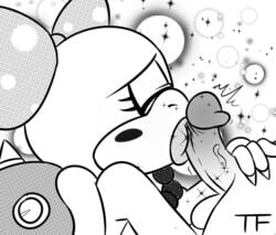 1boy 1girls big_lips bow closed_eyes fellatio female human interspecies kissing kissing_penis koopa koopaling lips male mammal mario_(series) monochrome nintendo oral penis penis_kissing scalie sex straight thunderfap video_games wendy_o._koopa