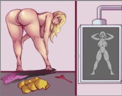 airport airport_security artist_request arty-draws bent_over big_breasts blonde_hair body_scanner breasts female jacket_removed red_underwear strip_search x-ray x-ray_view