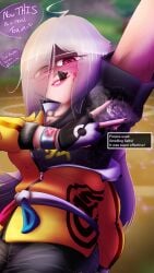 armpit_crease armpit_fetish armpits devious_grin entrapment girls_only human klara_(pokemon) mischievous_smile pink_eyes pokemon pokemon_swsh porpusly0mispelt punishment ripped_clothing sadistic silver_hair trapped_in_clothing