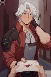 1boy ai_assisted ai_generated armor bara black_gloves blush closed_mouth coat dante dante_(devil_may_cry) devil_may_cry envelope fingerless_gloves heart holding jewelry letter looking_at_viewer male male_focus male_only muscular necklace netflix open_clothes open_coat pov red_coat shirt short_hair shoulder_armor solo_focus white_hair yaotashi