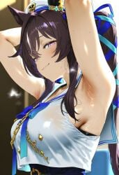 ai_generated animal_ears armpits black_hair blue_eyes female horse_girl long_hair ribbon_in_hair twintails umamusume umamusume_pretty_derby vivlos_(umamusume)