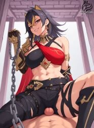 ai_generated asymmetrical asymmetrical_clothes ayakonarts blue_eyes cowgirl_position dehya dehya_(genshin_impact) female genshin_impact leashed_pov penis pov single_claw straddling viewer_on_leash