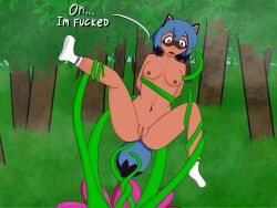 4:3 ankle_socks anthro anus ass blue_hair brand_new_animal breasts brown_body brown_fur bruhmantwt canid canine canis clothing digital_media_(artwork) female footwear footwear_only fur genitals hair hi_res legwear mammal michiru_kagemori mostly_nude nipples nude open_mouth outside pattern_clothing pattern_footwear pattern_legwear pattern_socks plant plant_tentacles public public_nudity pussy raccoon_dog restrained smile socks socks_only solo striped_clothing striped_footwear striped_socks stripes studio_trigger tail tanuki tentacle tentacle_creature text tongue white_clothing white_footwear white_socks