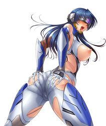 ass ass_grab blue_hair bodysuit breasts covered_eyes curvy erect_nipples female large_breasts lilith-soft long_hair looking_back nipples open_mouth partially_visible_vulva puffy_nipples saliva shika_asatsuki shiny simple_background sweat taimanin_(series) taimanin_asagi taimanin_asagi_battle_arena tongue_out white_background zol