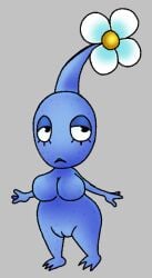 3_fingers alien antennae_(anatomy) bedroom_eyes big_breasts blue_body blue_eyeshadow blue_pikmin breasts elemental_creature eyelashes eyeshadow featureless_breasts female fingers flora_fauna flower genitals glistening glistening_eyes half-closed_eyes hi_res makeup narrowed_eyes nintendo not_furry nude open_mouth pikmin pikmin_(species) plant pussy scab_nsfw seductive simple_background solo white_flower
