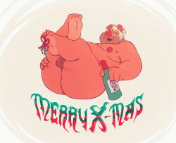 2024 4_toes anthro armpit_hair ass balls barefoot belly blonde_hair body_hair bottle codey_(rigbylaveur) container domestic_pig eggnog english_text feet five_o'clock_shadow genitals hair hairy_balls half-closed_eyes hi_res looking_at_viewer male mammal merry_christmas mistletoe mistletoe_on_toes narrowed_eyes nipples nude perineum plant presenting presenting_hindquarters rigbylaveur simple_background smile solo suid suine sus_(pig) text toes